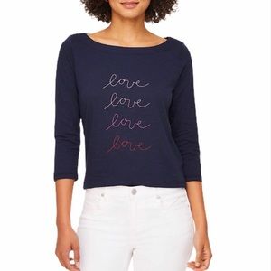 LOFT 3/4 Sleeve Tee Love Embroidered Boatneck Top Navy Blue Size Small